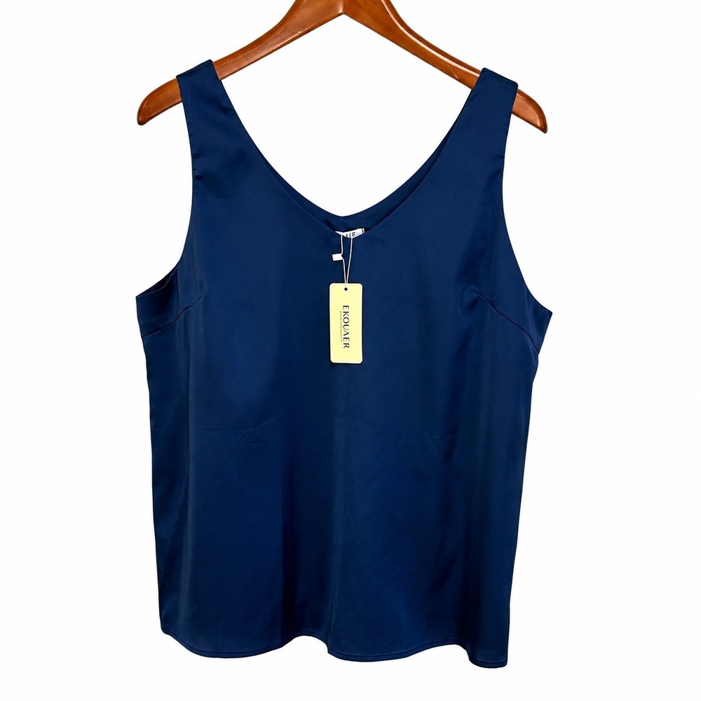 Ekouaer Womens XL Navy Blue Satin V-Neck Camisole Tank Top Sleeveless Blouse NEW